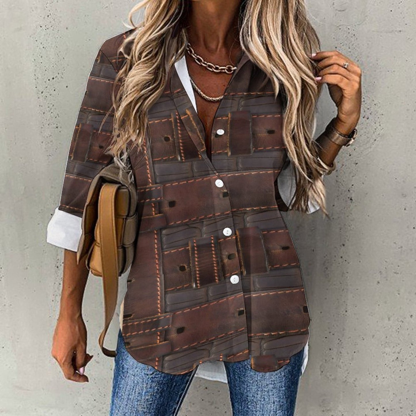 RUGGED LEATHER BUCKLE Print Women's Irregular Hem Shirt-*SMALL-8XL