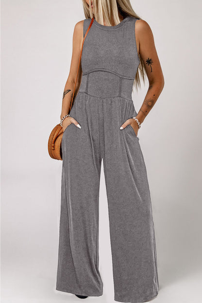Round Neck Sleeveless Jumpsuit with Pockets-SMALL-XL
