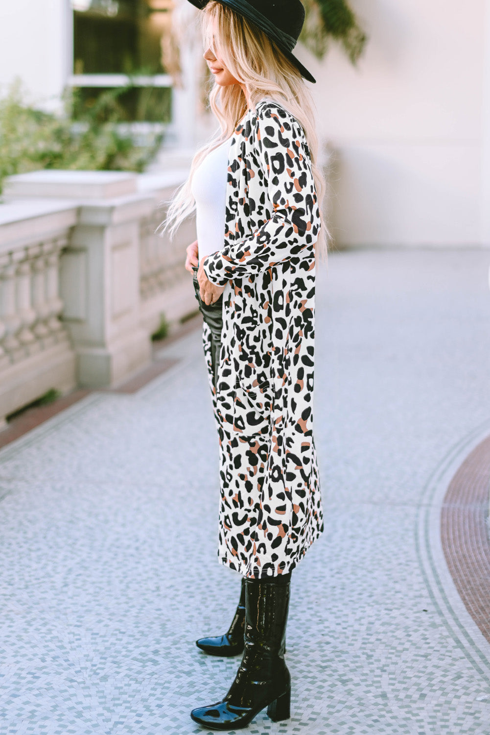 Leopard Open Front Long Sleeve Cover Up-SMALL-XL