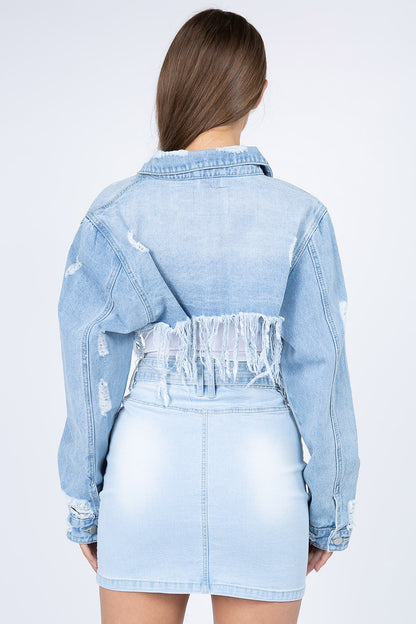 American Bazi Distressed Denim Jacket with Frayed Hem (S/M/L)