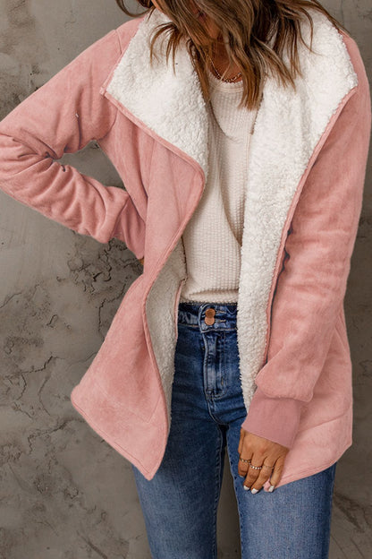 Open Front Long Sleeve Sherpa Jacket (caramel/blush pink/grey/black)-SMALL-XL