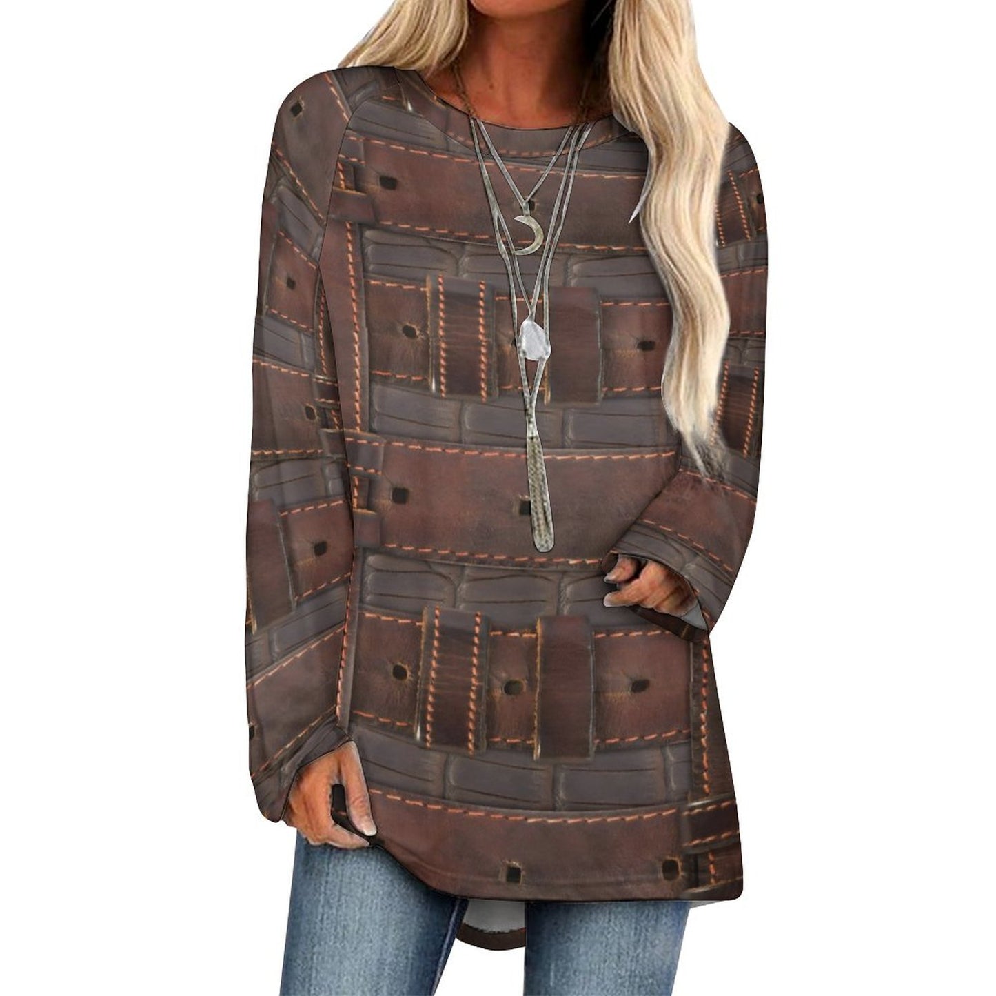 RUGGED LEATHER BUCKLE Print Women's Long Sleeve U-Neck T-Shirt-SMALL-5XL