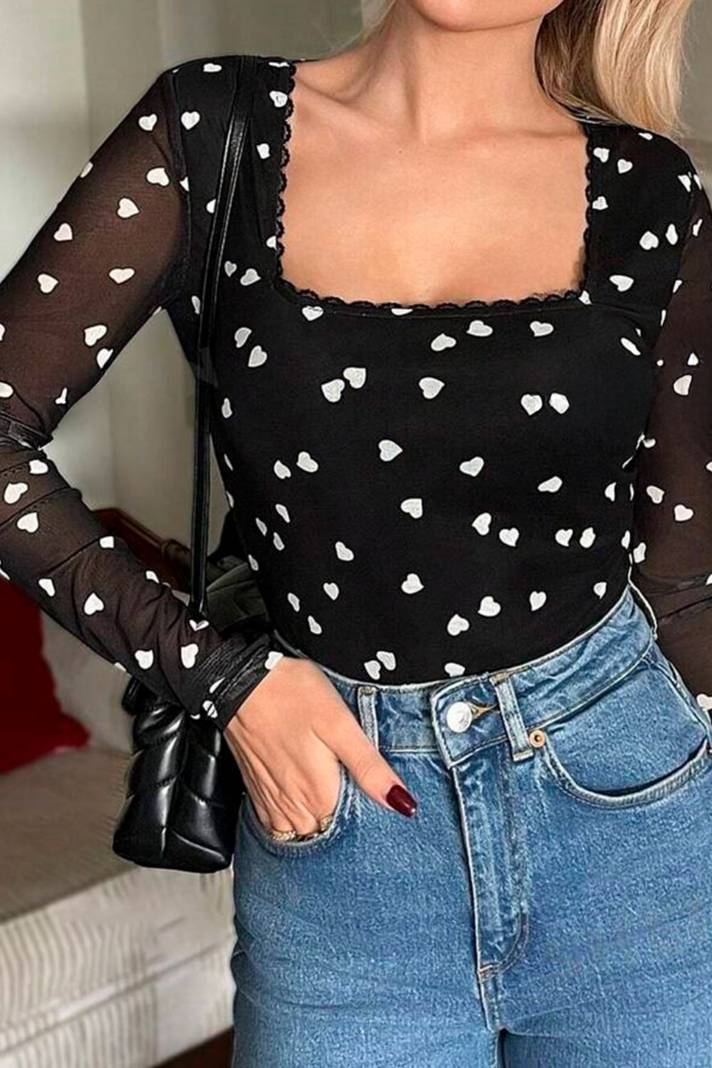 Heart Square Neck Long Sleeve Bodysuit-S-XL