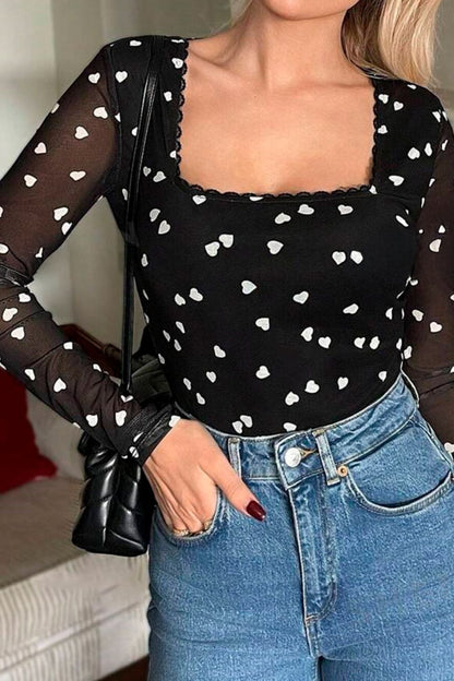 Heart Square Neck Long Sleeve Bodysuit-S-XL