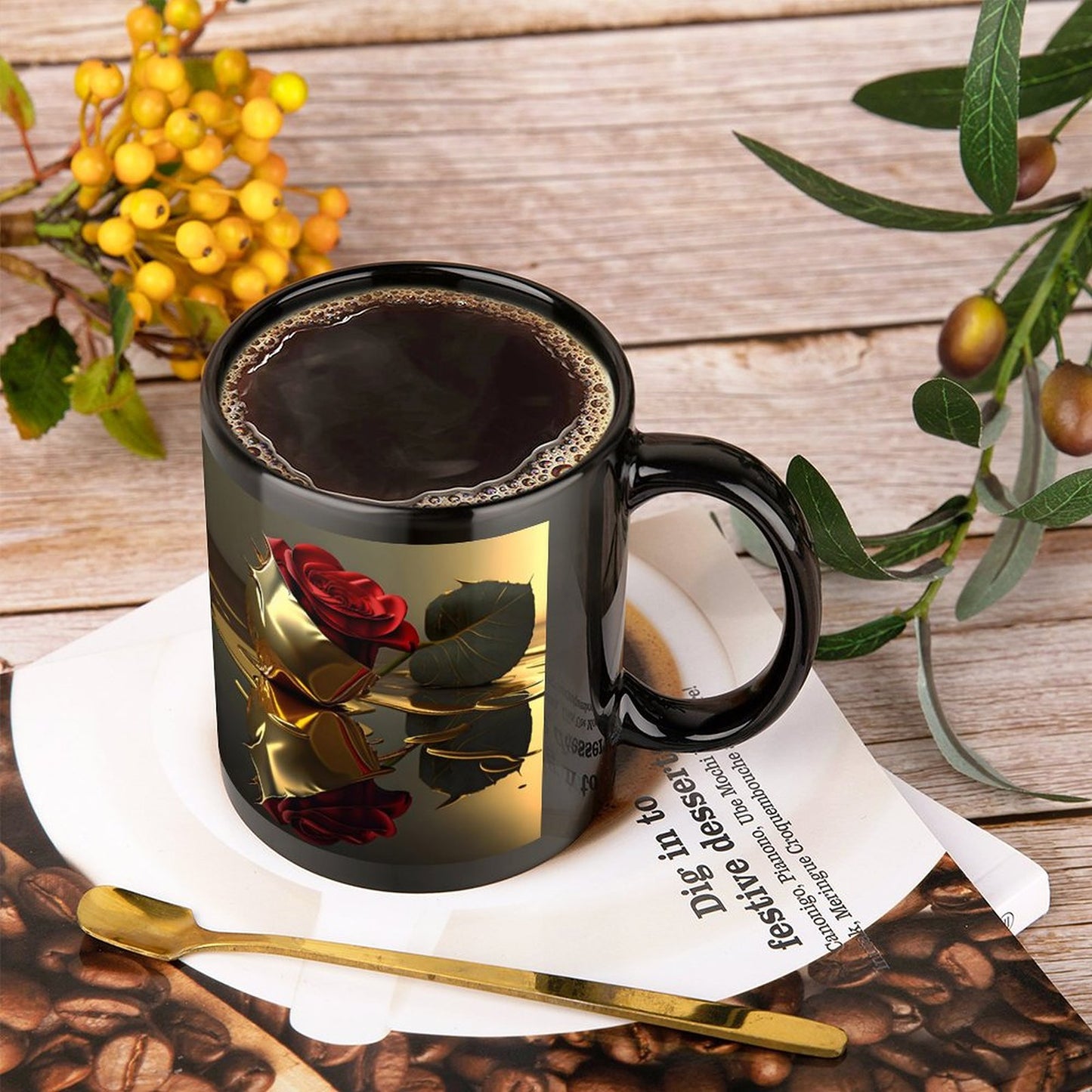 ROSE IN GOLD Black Ceramic Coffee Mug