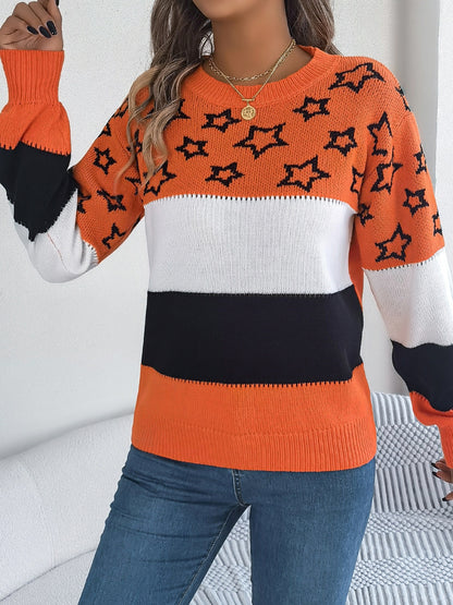 Star Contrast Round Neck Sweater-SMALL-XL