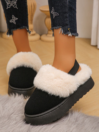 Faux Fur Round Toe Platform Slippers (beige/black/caramel)