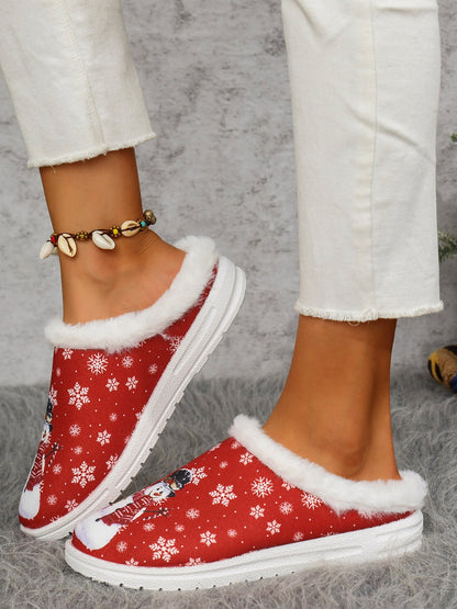 Snowman Print Flat Slippers with Faux Fur (blue/red)