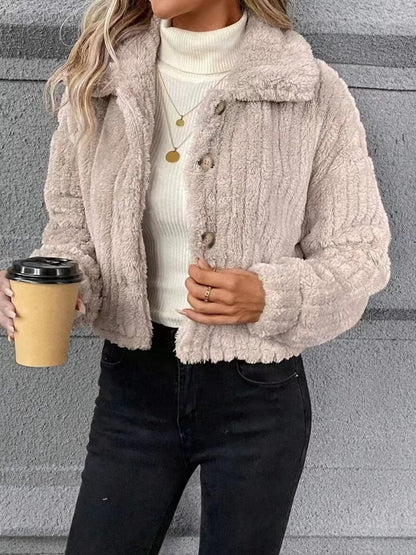 Button Up Long Sleeve Fuzzy Jacket -SMALL-XL