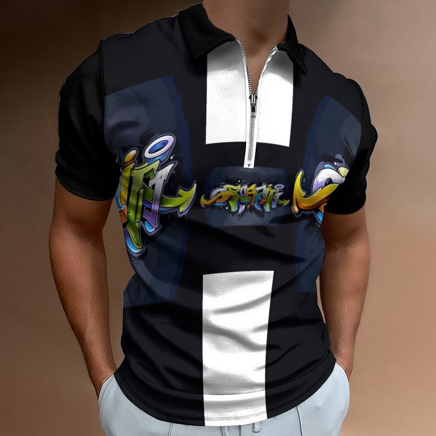 COLORFUL GRAFFITI Men's Short Sleeve POLO Shirt with Zipper-2XS-6XL