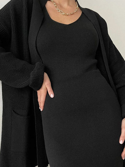 Pocketed Long Sleeve Cardigan and Skirt Sweater Set (cream/camel/lt. green/grey/black) ONE SIZE