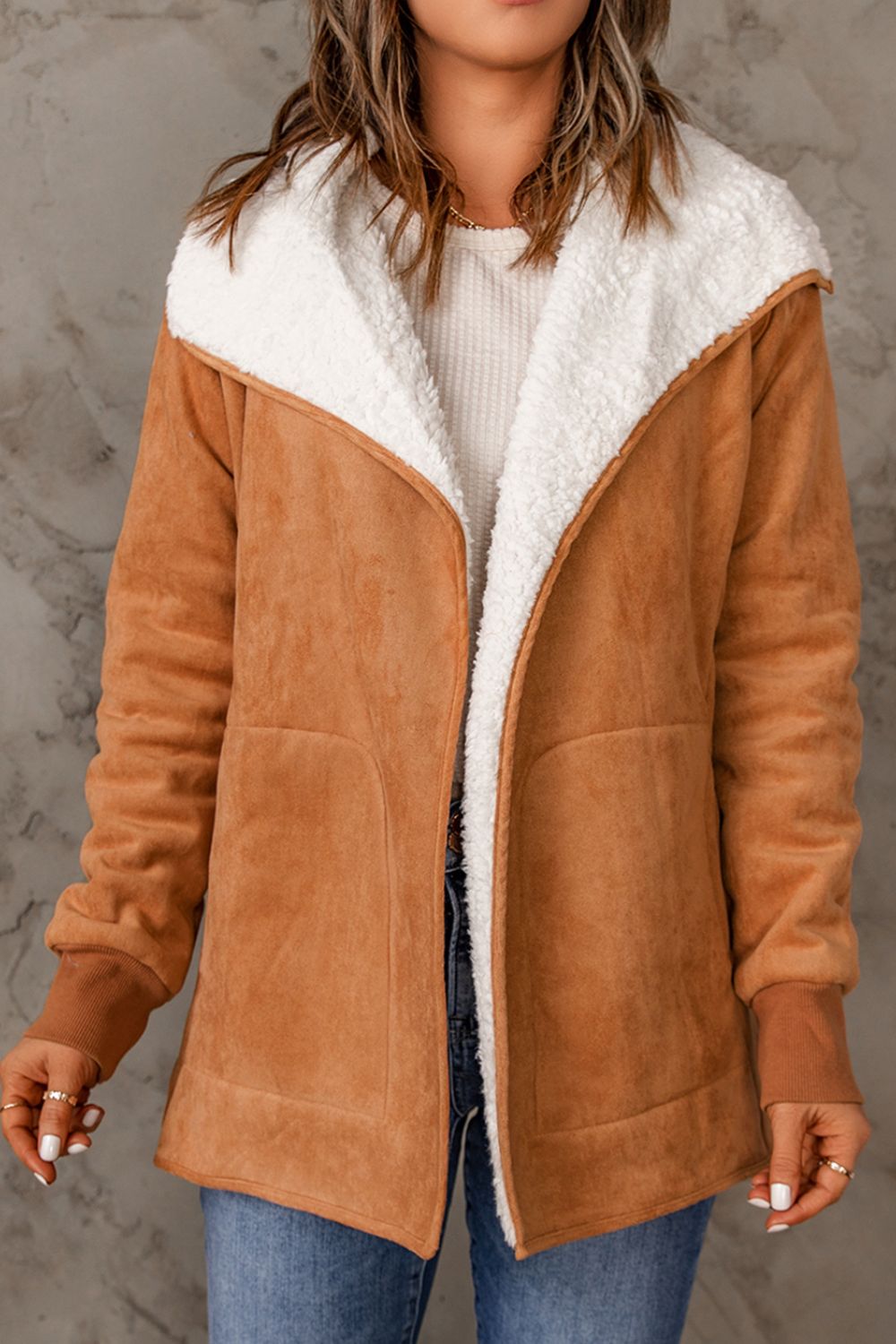 Open Front Long Sleeve Sherpa Jacket (caramel/blush pink/grey/black)-SMALL-XL