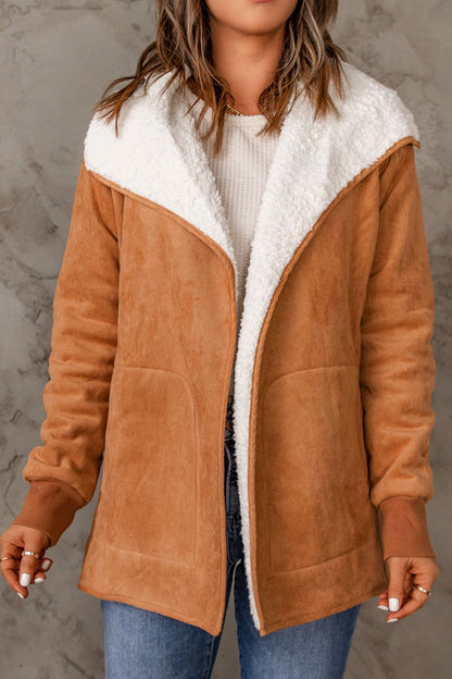 Open Front Long Sleeve Sherpa Jacket (caramel/blush pink/grey/black)-SMALL-XL
