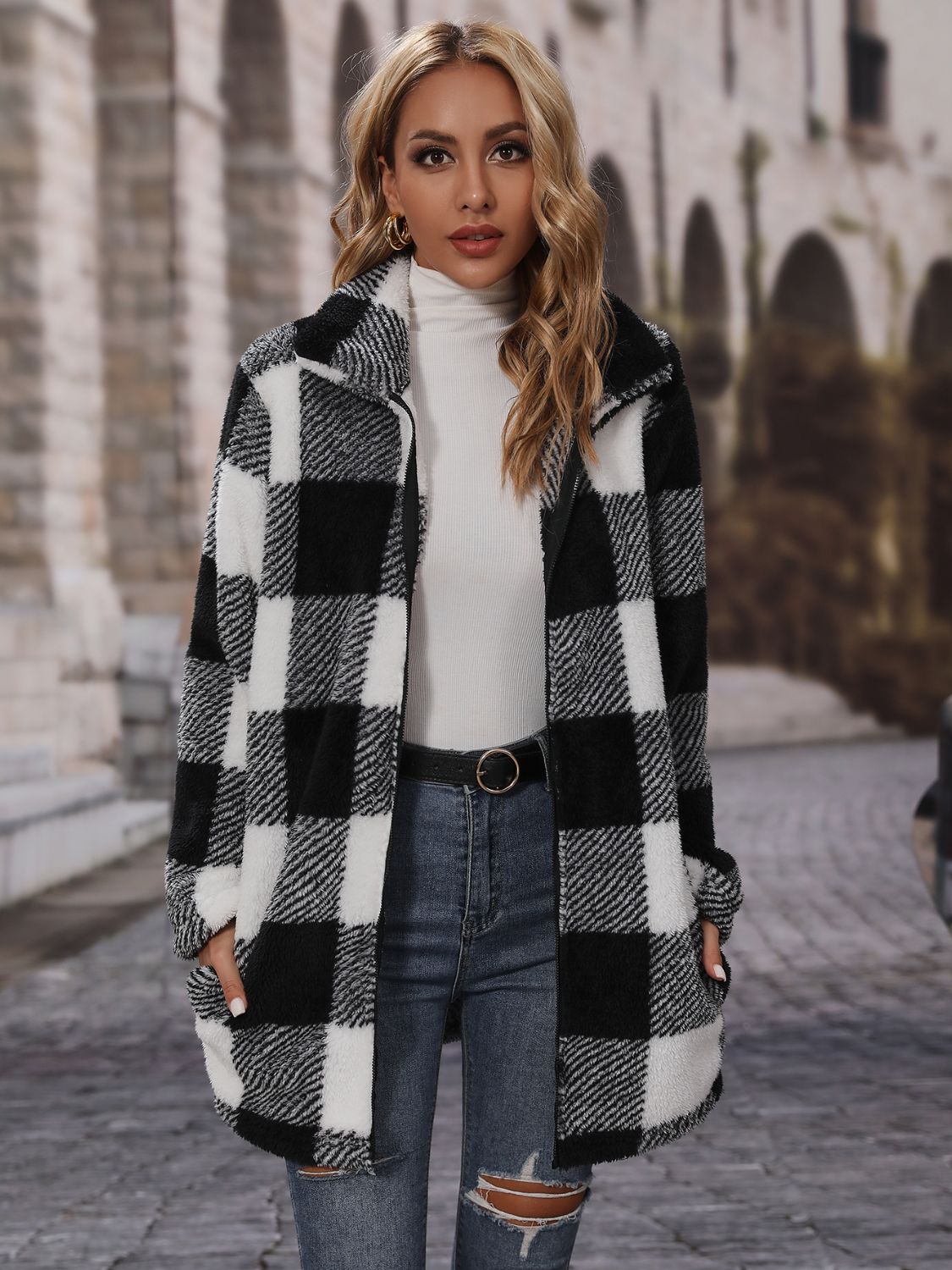 Plaid Collared Neck Coat with Pockets-SMALL-XL