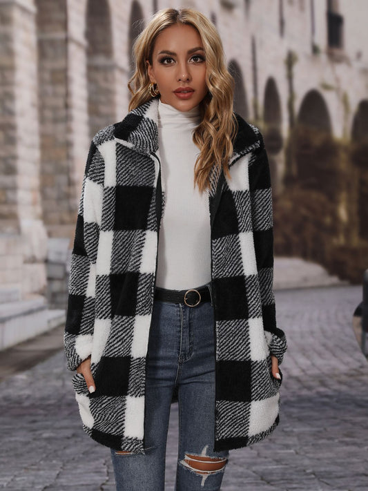 Plaid Collared Neck Coat with Pockets-SMALL-XL