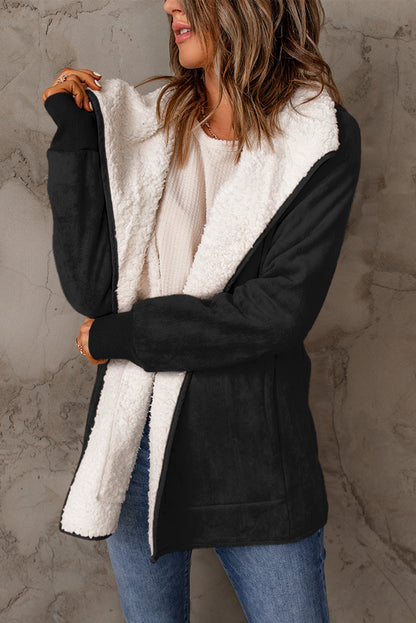 Open Front Long Sleeve Sherpa Jacket (caramel/blush pink/grey/black)-SMALL-XL