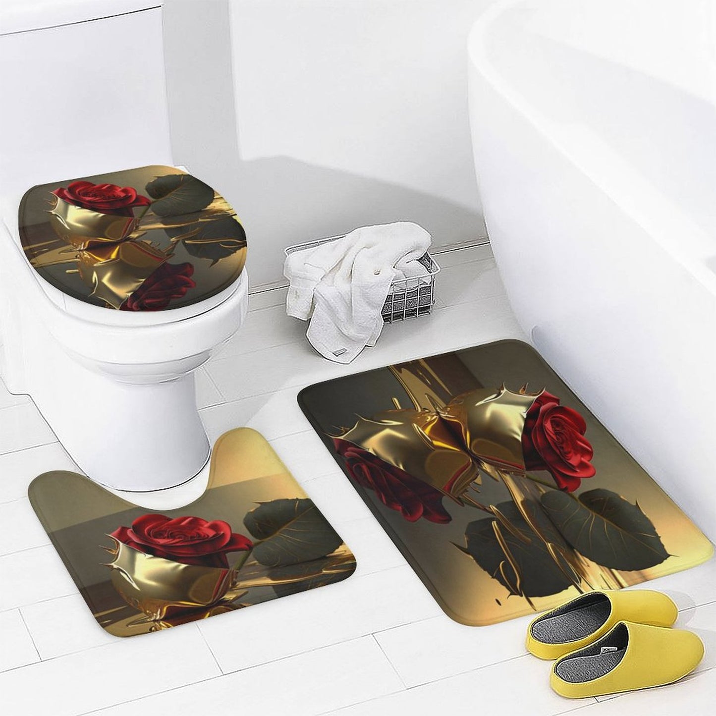 ROSE IN GOLD Shower Curtain Set with 3 Rugs