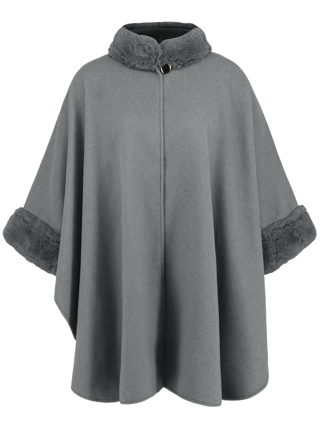 Fuzzy Trim Long Sleeve Poncho (tan/grey/black)