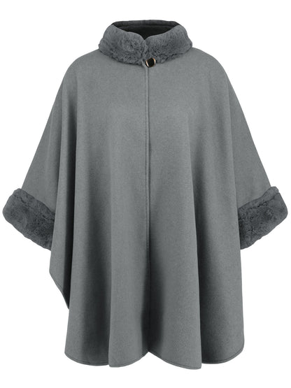 Fuzzy Trim Long Sleeve Poncho (tan/grey/black)