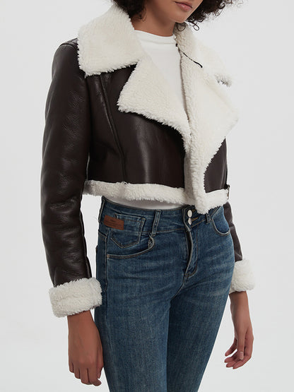 Collared Neck Long Sleeve Plush Cropped Leather Jacket (chocolate & white/black & white/mustard & white/black & reddish brown/brown & reddish brown/coffee brown/burgundy)-SMALL-LARGE