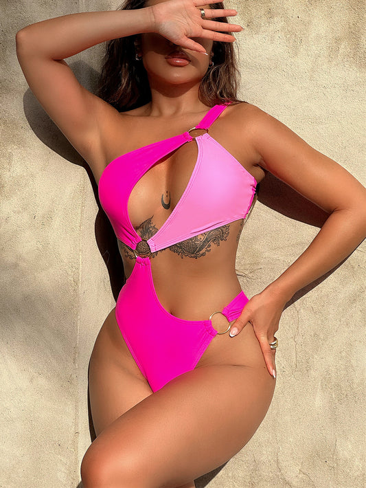 One-Shoulder Cutout Ring Detail One-Piece Swimsuit-S/M/L