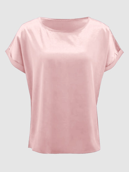 Satin Round Neck Short Sleeve Blouse (black/white/royal blue/lilac/pink/blue/burgundy/green)-SMALL-2XL