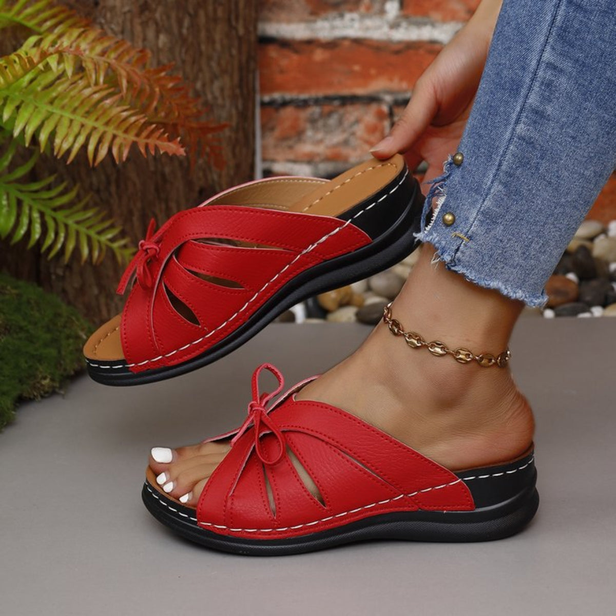 Tied Open Toe Low Heel Sandals (deep red/white/royal blue/black/light yellow)