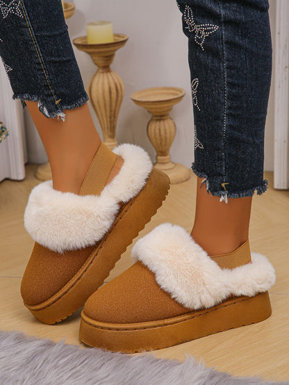 Faux Fur Round Toe Platform Slippers (beige/black/caramel)