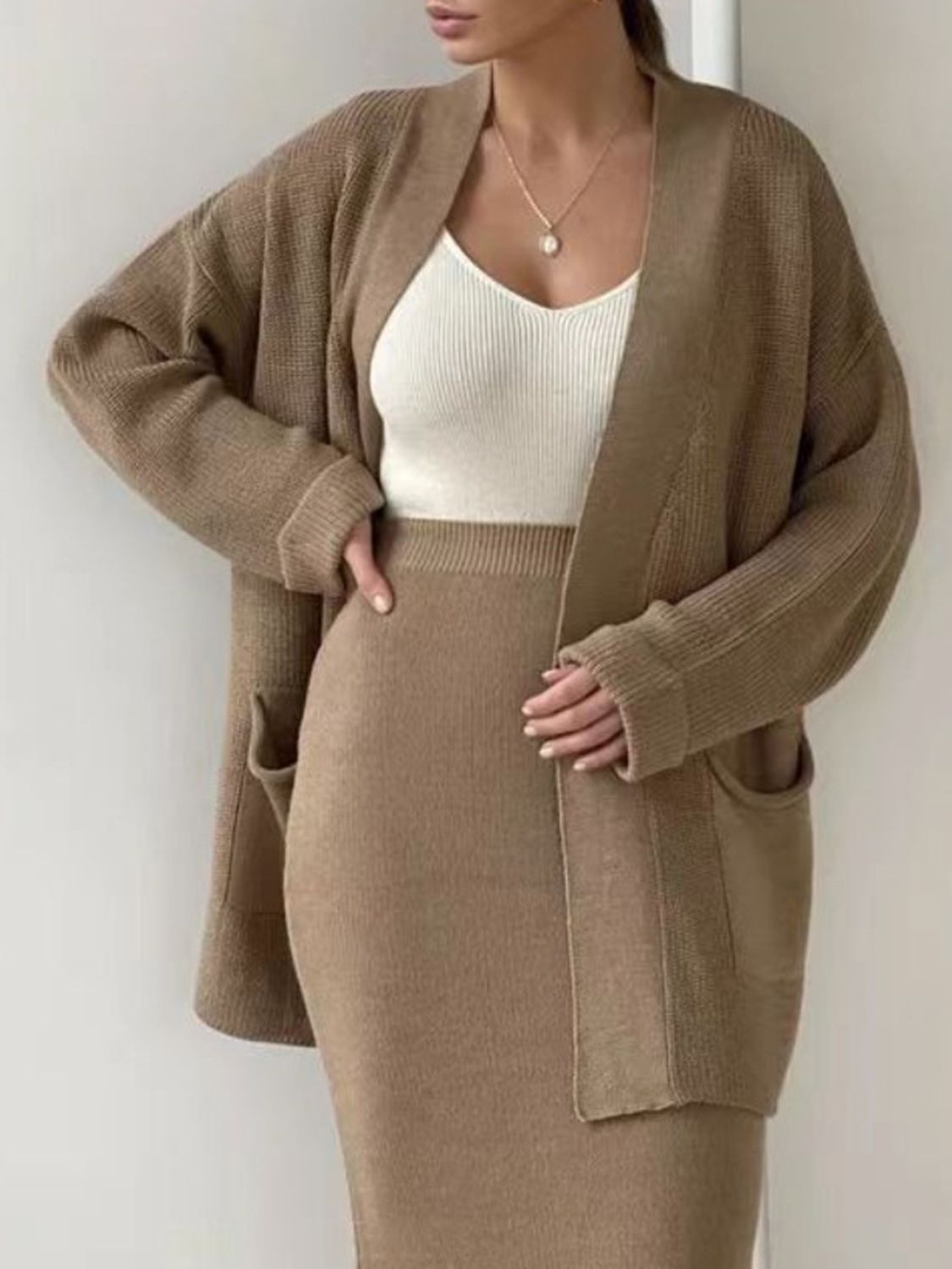 Pocketed Long Sleeve Cardigan and Skirt Sweater Set (cream/camel/lt. green/grey/black) ONE SIZE