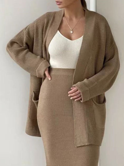 Pocketed Long Sleeve Cardigan and Skirt Sweater Set (cream/camel/lt. green/grey/black) ONE SIZE
