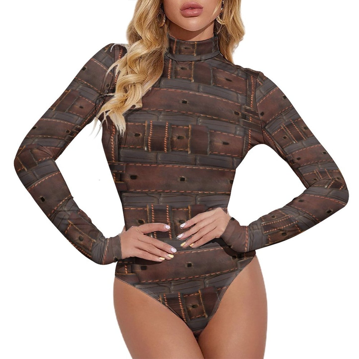 RUGGED LEATHER BUCKLE High-collar Long-sleeve Bodysuit-SMALL-2XL