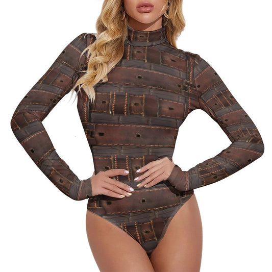 RUGGED LEATHER BUCKLE High-collar Long-sleeve Bodysuit-SMALL-2XL