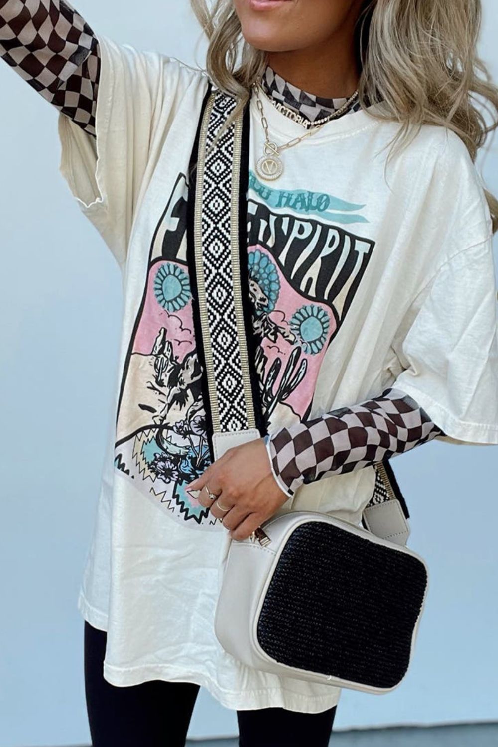 Distorted Checkered Mock Neck Long Sleeve Blouse (hot pink/black/beige)-SMALL-XL