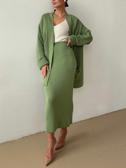 Pocketed Long Sleeve Cardigan and Skirt Sweater Set (cream/camel/lt. green/grey/black) ONE SIZE
