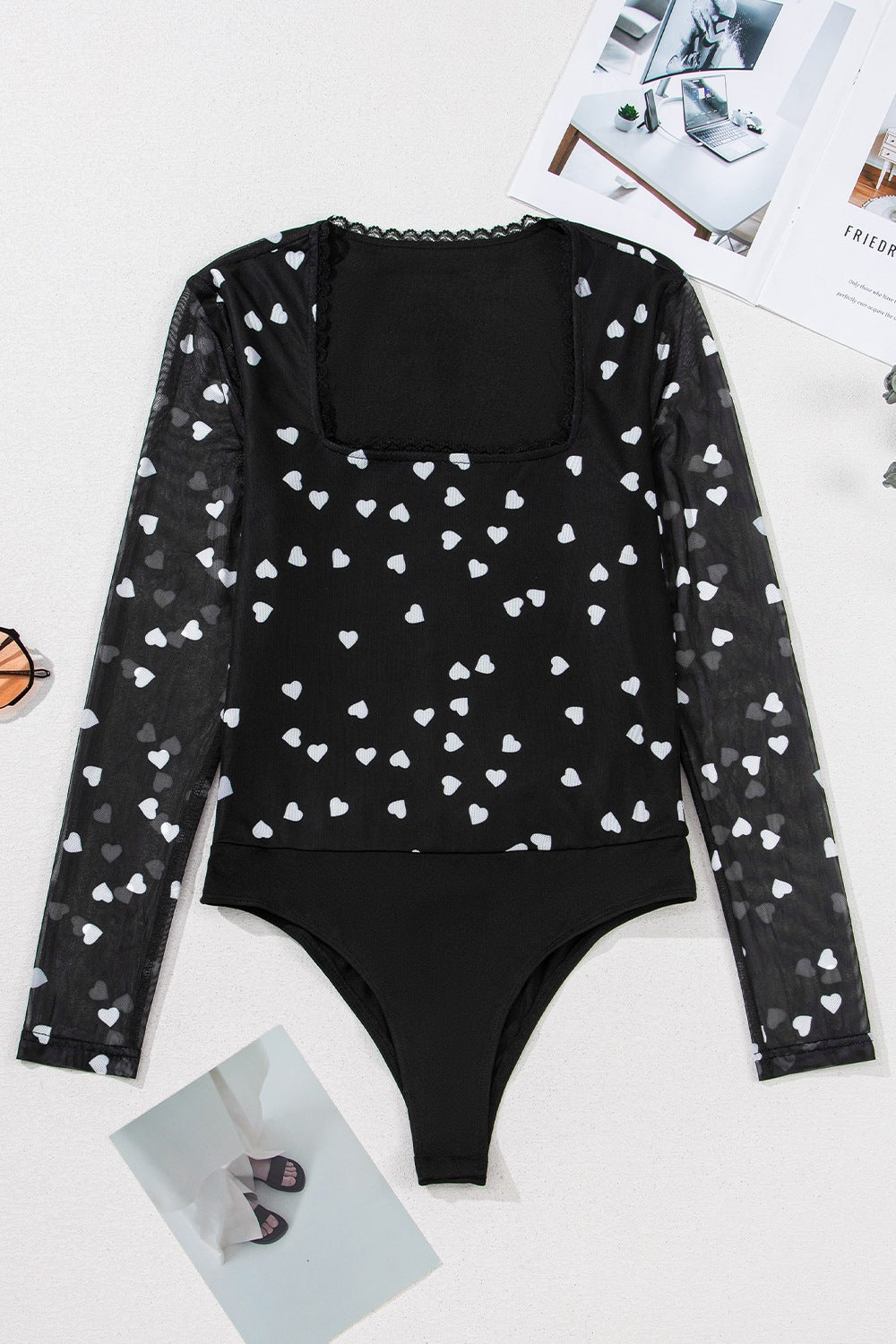 Heart Square Neck Long Sleeve Bodysuit-S-XL