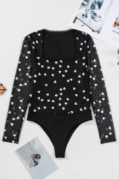 Heart Square Neck Long Sleeve Bodysuit-S-XL