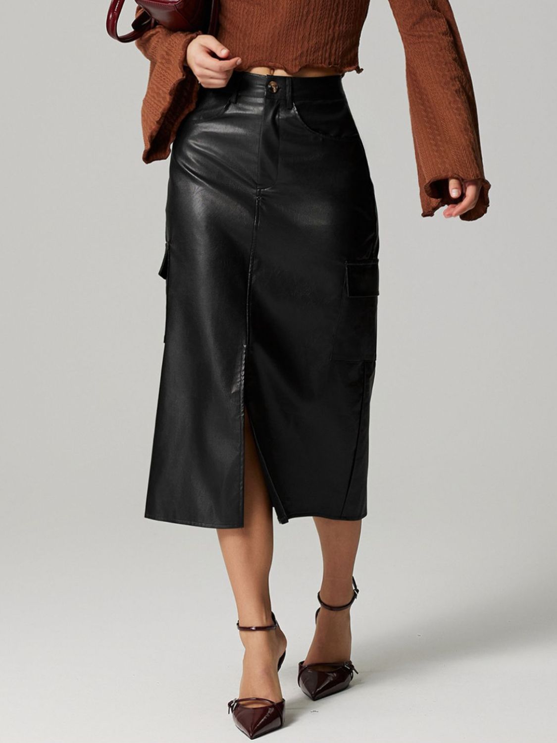 PU Leather Slit Midi Skirt with Pockets (dk. brown/black)-SMALL-XL
