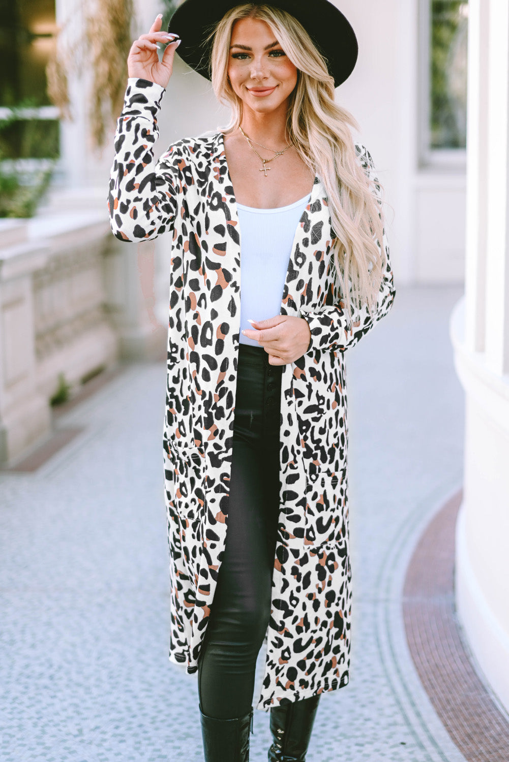 Leopard Open Front Long Sleeve Cover Up-SMALL-XL