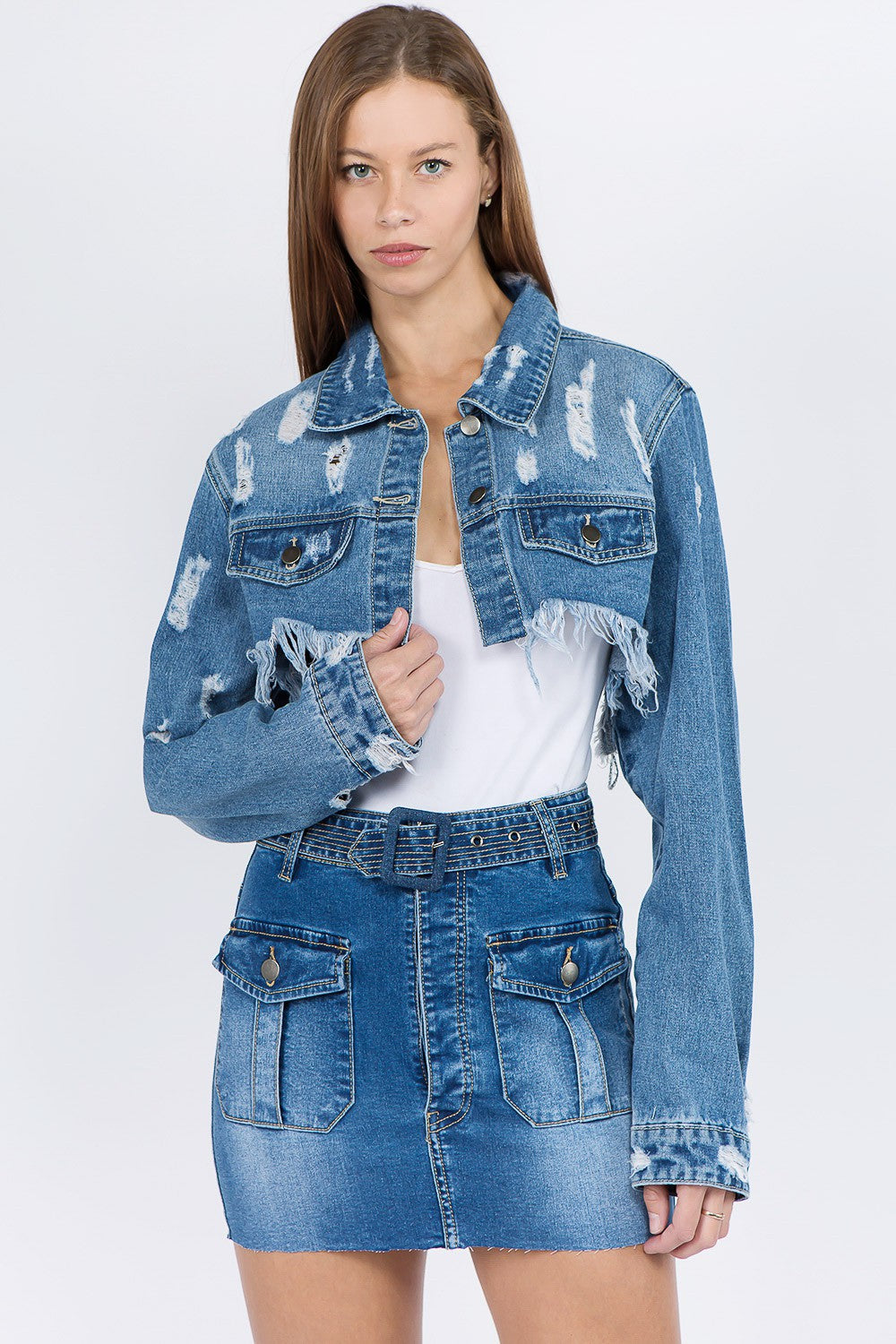 American Bazi Distressed Denim Jacket with Frayed Hem (S/M/L)