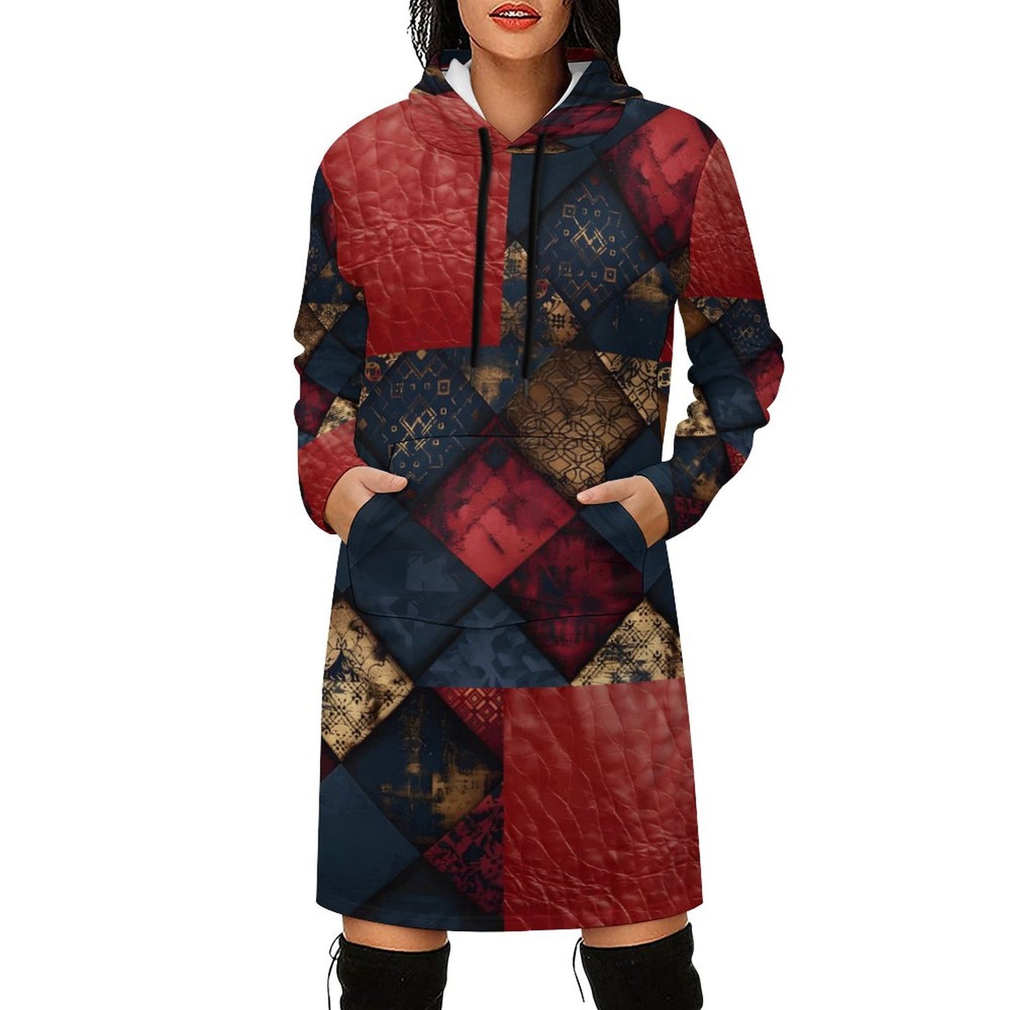 TRIANGLES & LEATHER Long Sleeve Hoodie Dress-SMALL-5XL