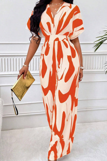 Printed V-Neck Short Sleeve Wide Leg Jumpsuit (black/orange/brown/green)-SMALL-2XL