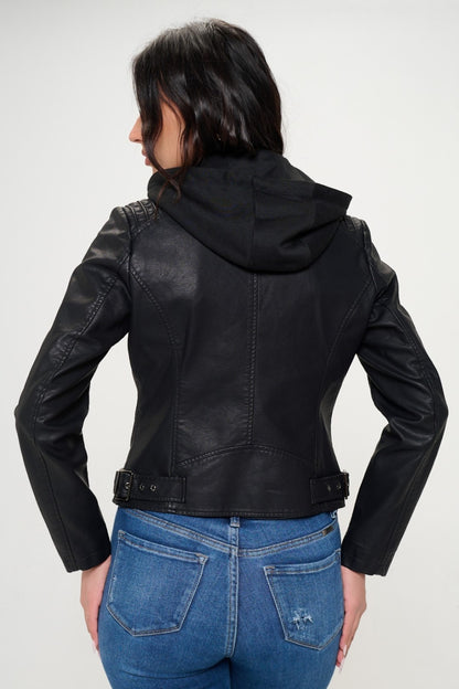 Zip Up Hooded Vegan Leather Jacket-S-XL
