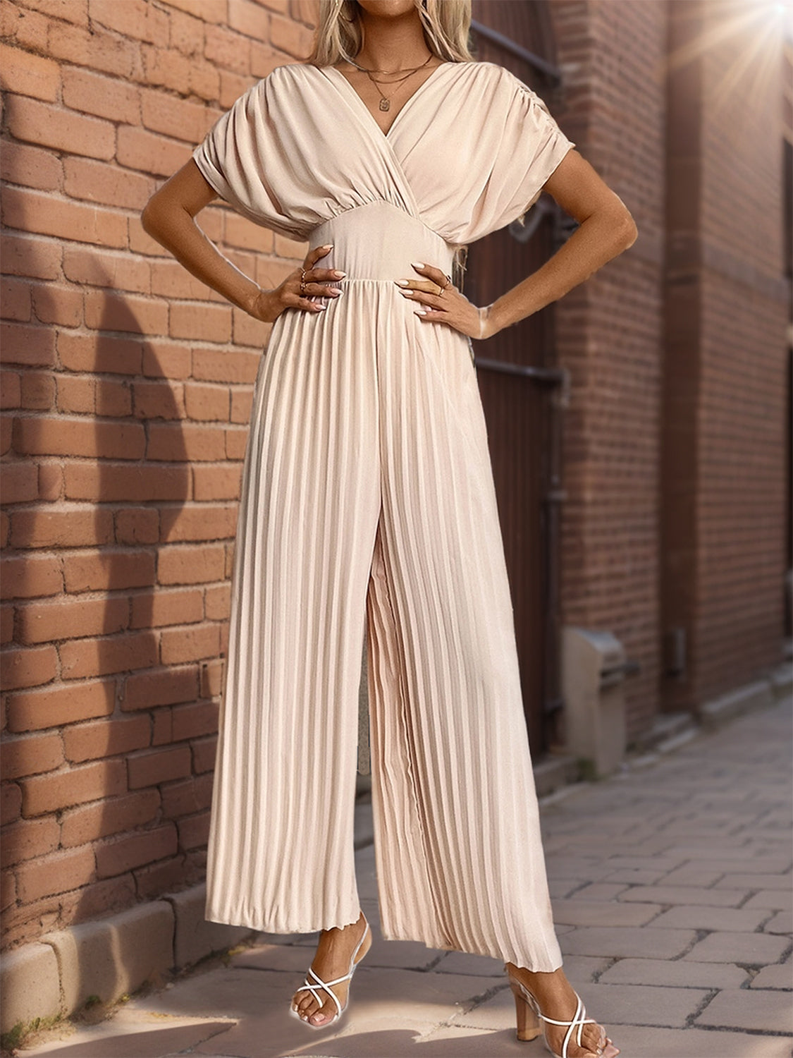 Pleated Short Sleeve Wide Leg Jumpsuit-SMALL-XL