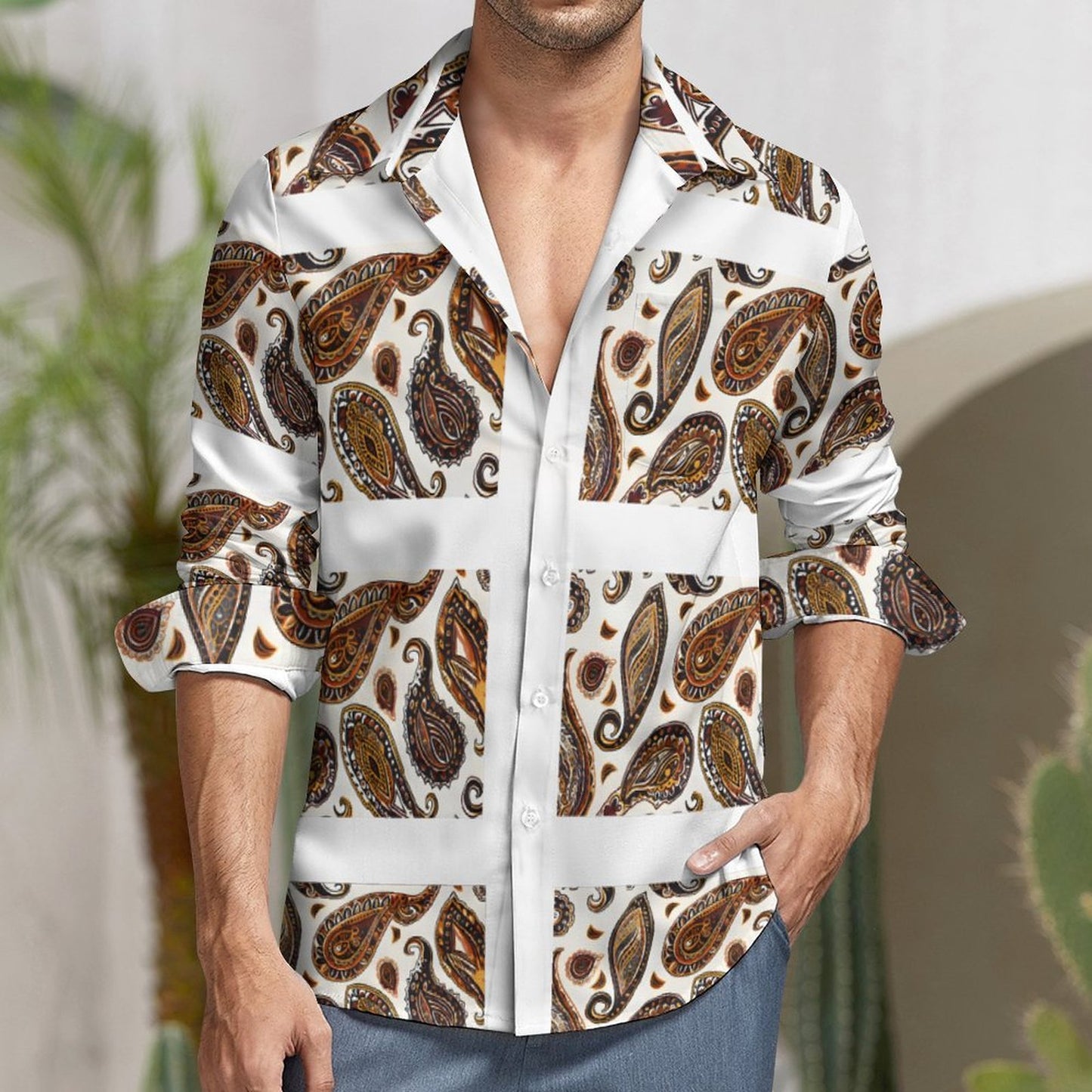 ORANGE PAISLEY Men's Long Sleeve Shirt with Pocket-*XS-6XL