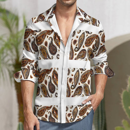 ORANGE PAISLEY Men's Long Sleeve Shirt with Pocket-*XS-6XL