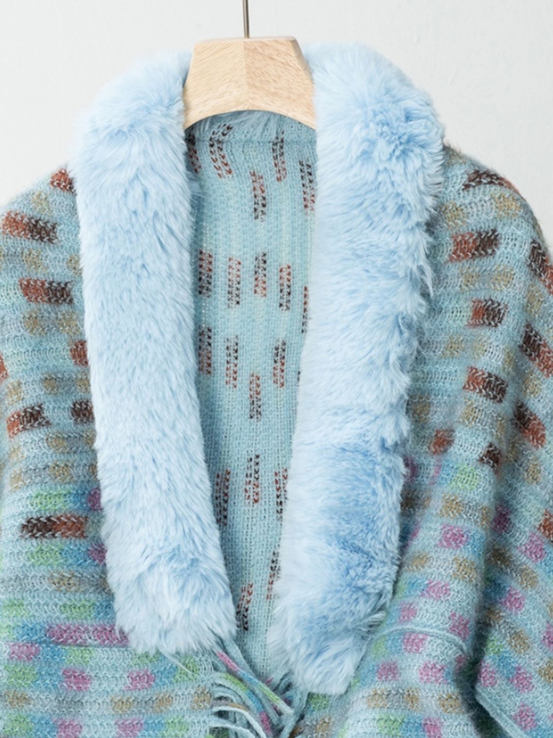 Fringe Fuzzy Open Front Poncho (cream/pink/brown/blue/khaki) ONE SIZE