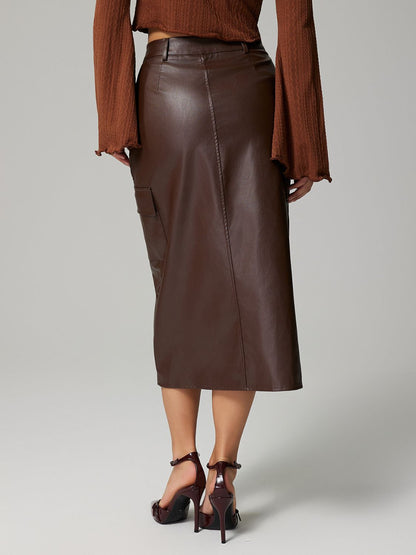PU Leather Slit Midi Skirt with Pockets (dk. brown/black)-SMALL-XL