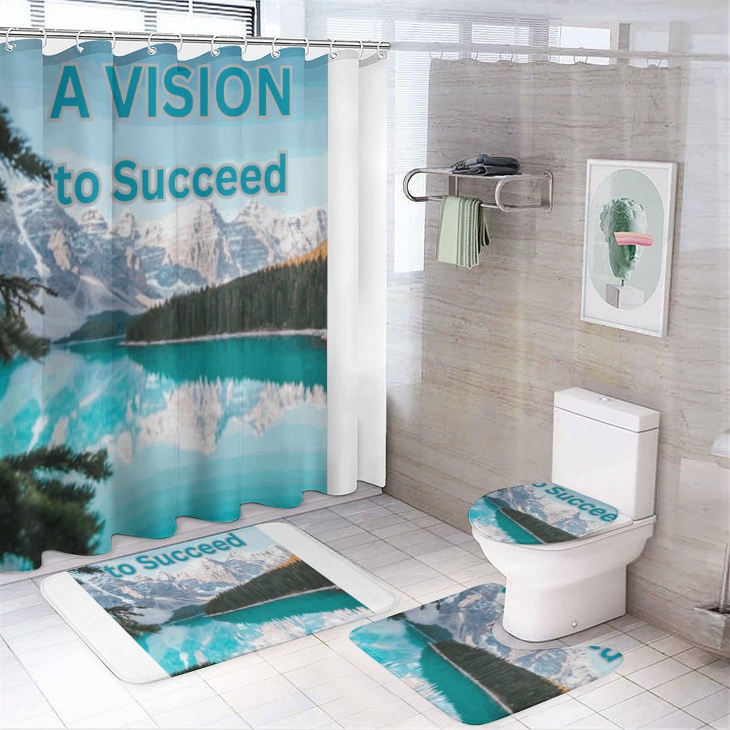 Shower Curtain Set with 3 Rugs