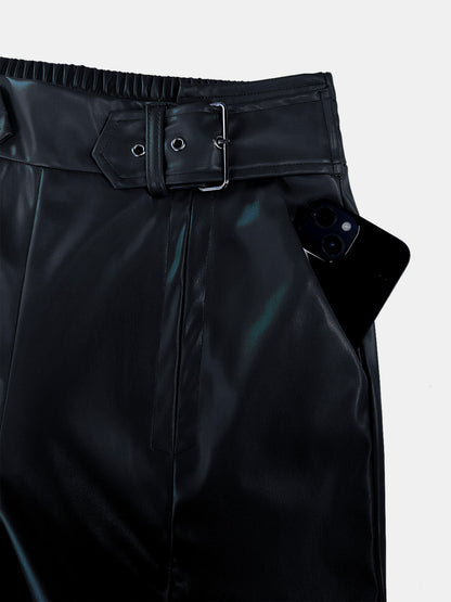 Pu Leather Half Elastic Waist Wide Leg Pants (moss/burgundy/black)-SMALL-2XL
