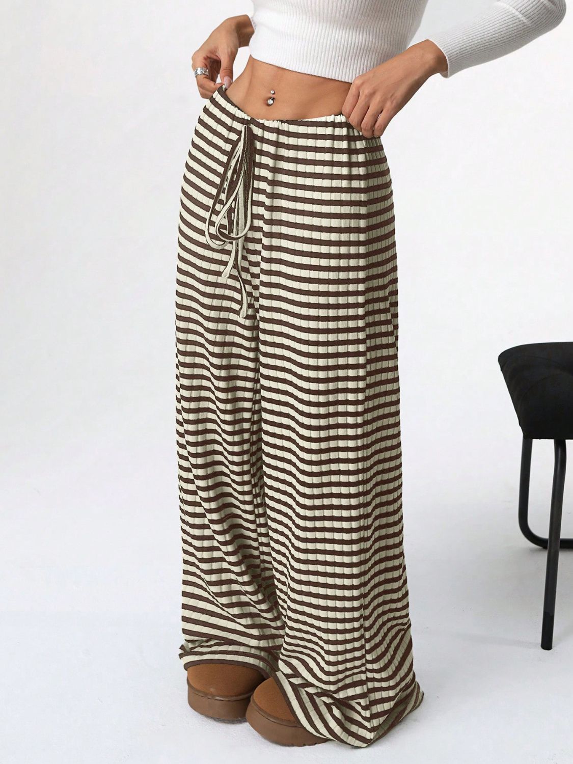Tied Striped Wide Leg Pants (pink/grey/black/blue/taupe)-SMALL-2XL
